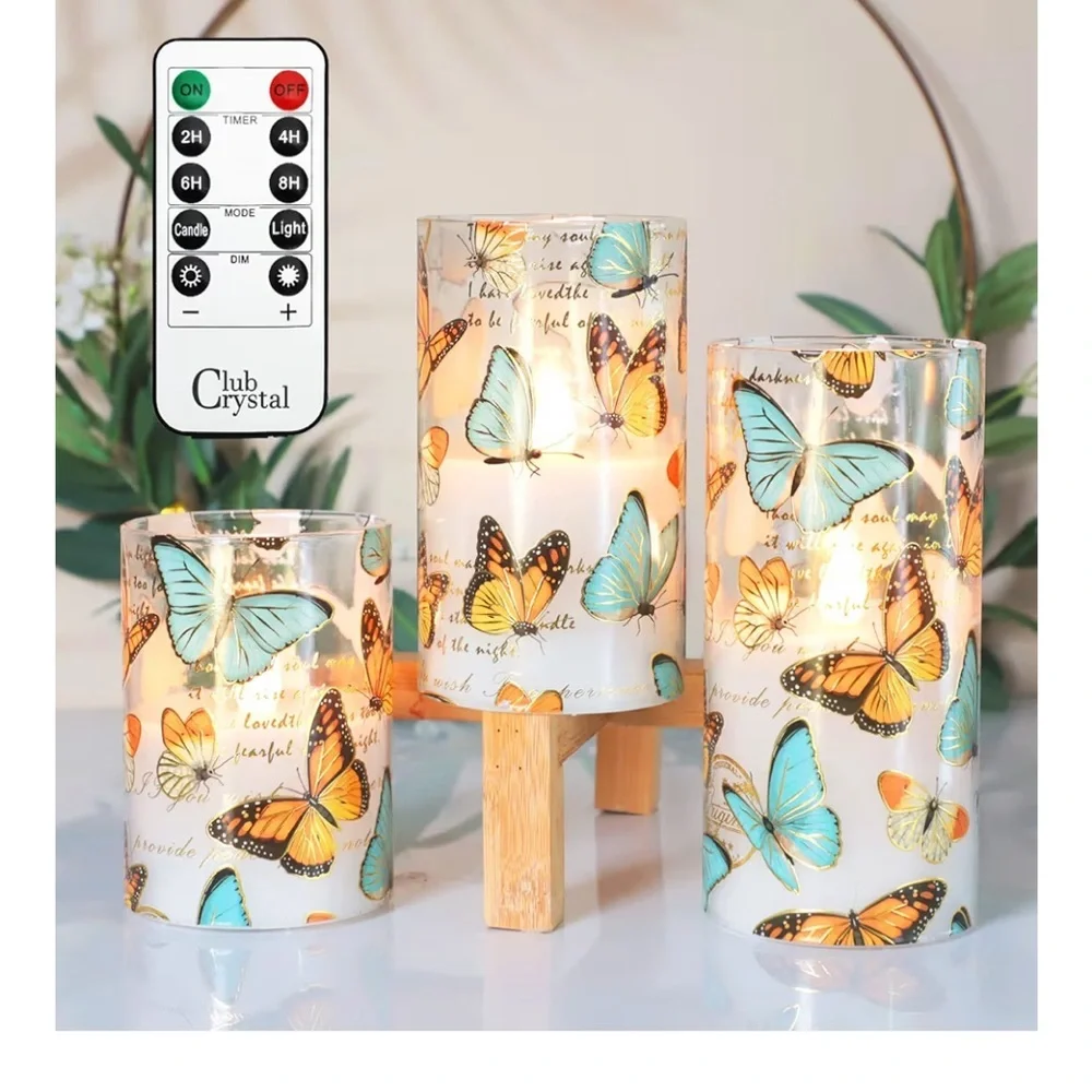 Crystal Club Glass Flameless Candles, Butterfly Decor Flickering Battery 009